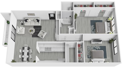 A top-down view of a modern, white-walled house with multiple rooms and furniture.